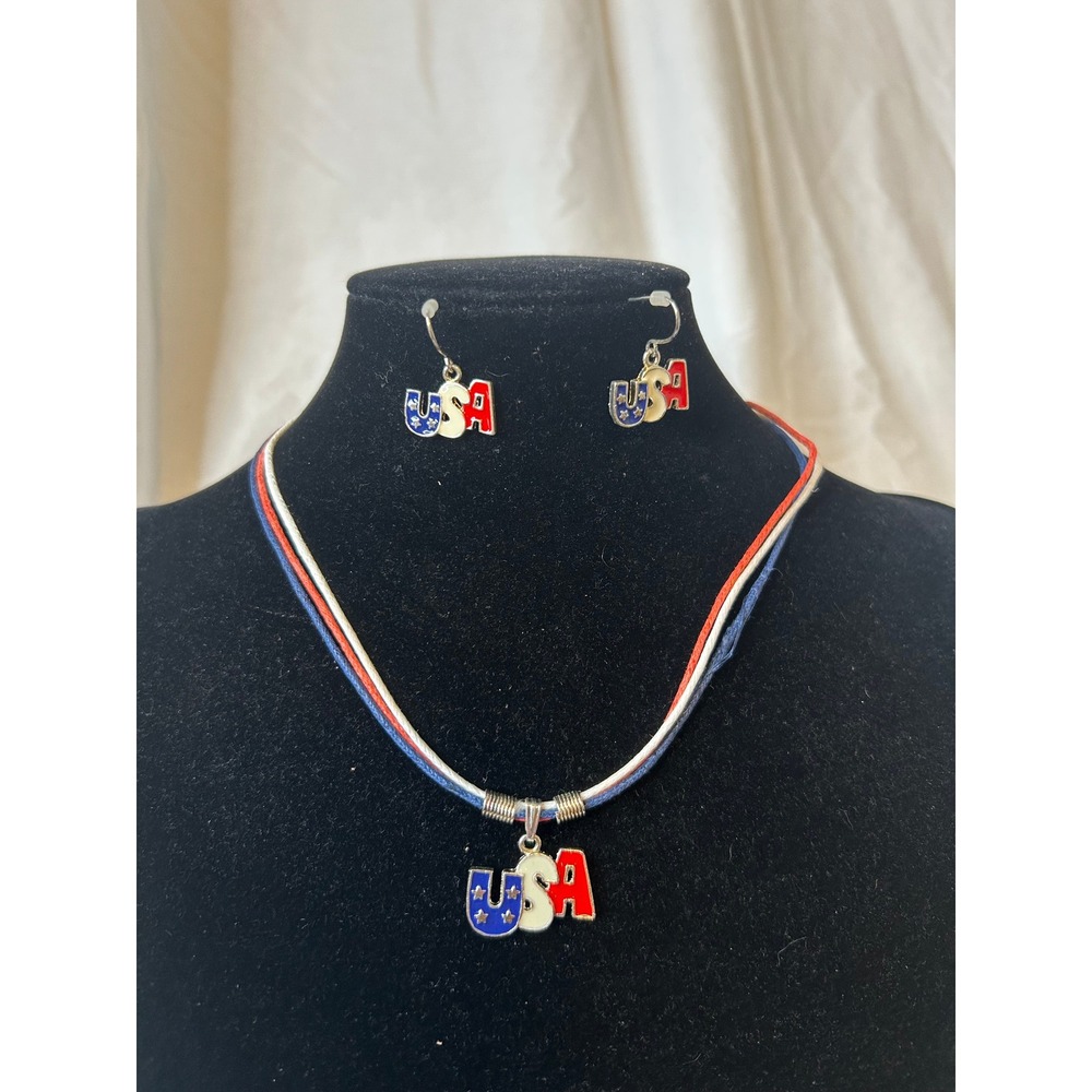 USA Necklace and Earrings Set Red‎ White Blue Patriotic Jewelry